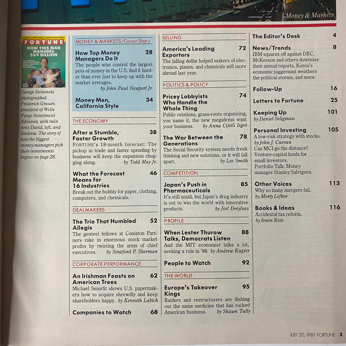 Table of contents page from Fortune Magazine July 20, 1987, outlining key articles including 'How Top Money Managers Do It' and insights on the economy.