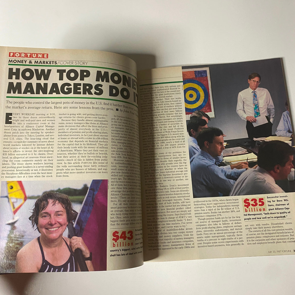 Inside spread of Fortune Magazine July 20, 1987 featuring the cover story 'How Top Money Managers Do It,' exploring investment strategies by leading financial professionals.
