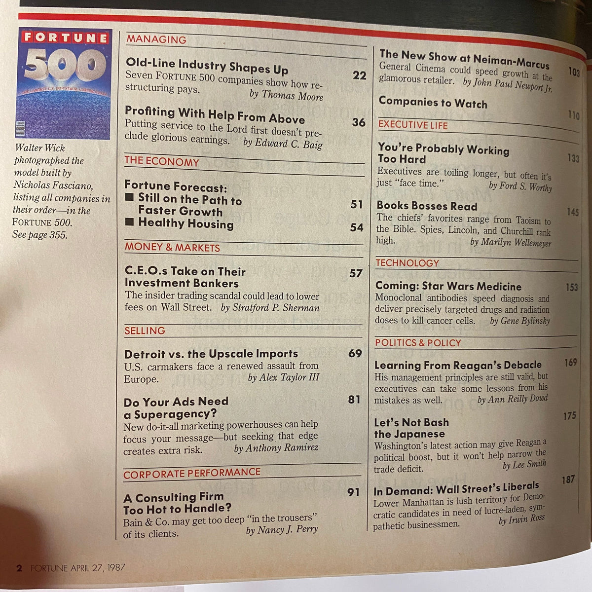 Fortune Magazine April 27, 1987, featuring the contents of the Fortune 500 issue, highlighting articles on corporate strategies and economic dynamics.