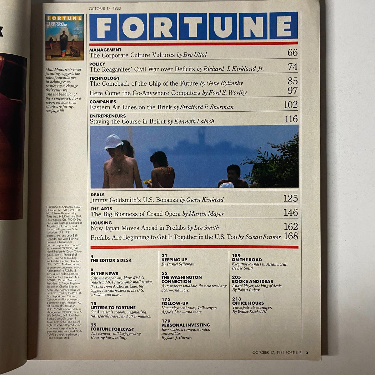 Table of contents from Fortune Magazine, October 17, 1983, showcasing featured articles including 'The Corporate Culture Vultures' and various economic topics of the early 1980s.