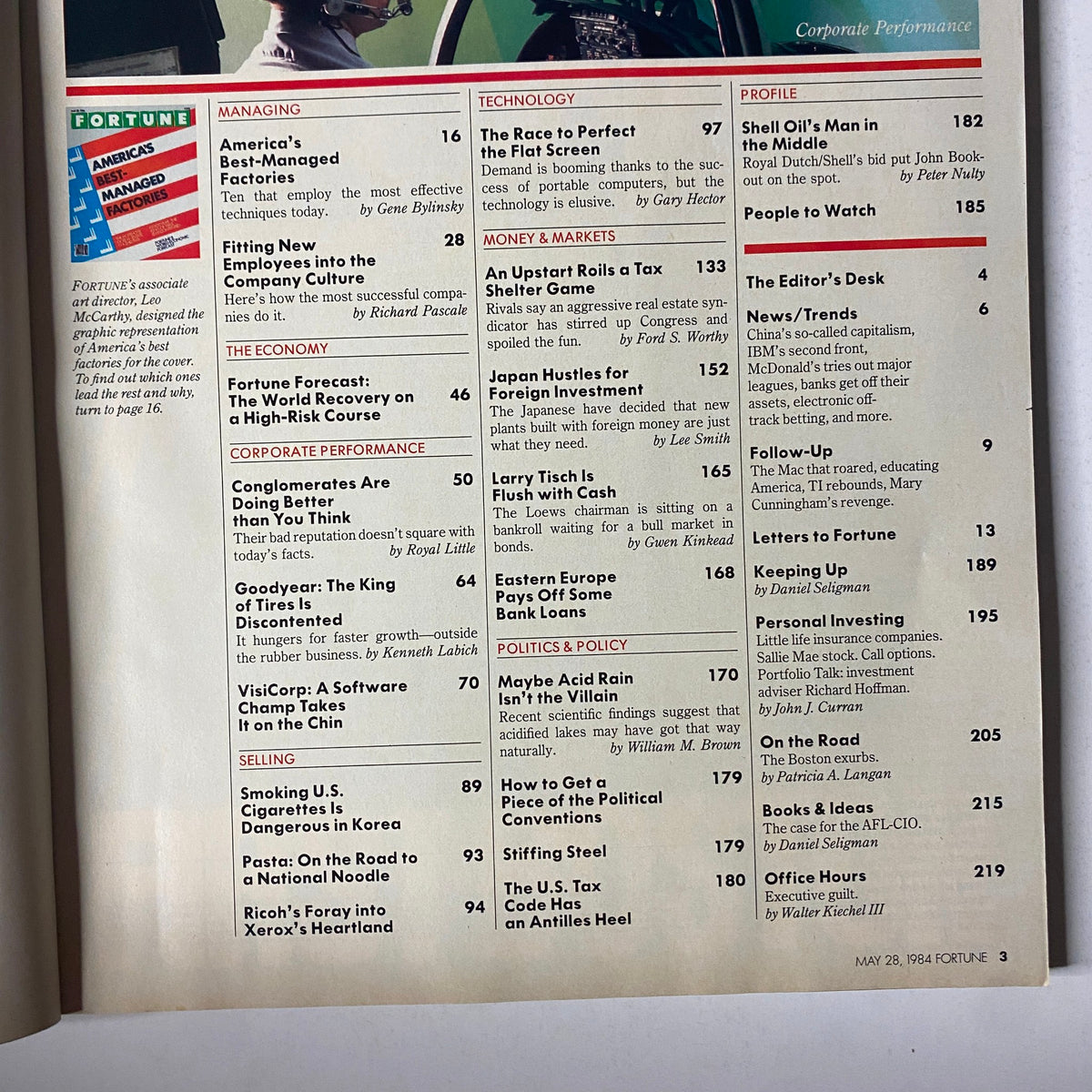 Contents page of Fortune Magazine, May 28, 1984, listing articles including the corporate management feature 'America's Best-Managed Factories' and various topics related to economy and technology.