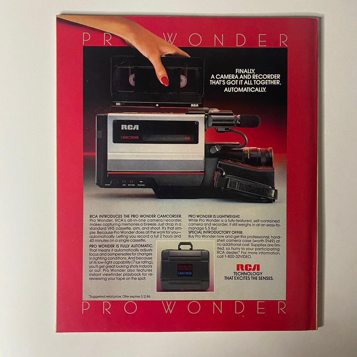 RCA Pro Wonder camcorder advertisement from Fortune Magazine, showcasing the product features and promotional offers in a vivid red layout.