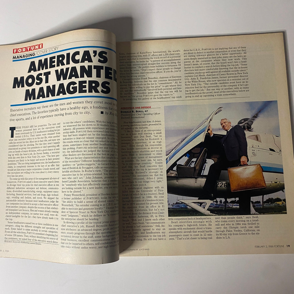Page from Fortune Magazine, February 3, 1986, highlighting America's Most Wanted Managers with insights into corporate leadership and notable figures like Donald R. Beall.