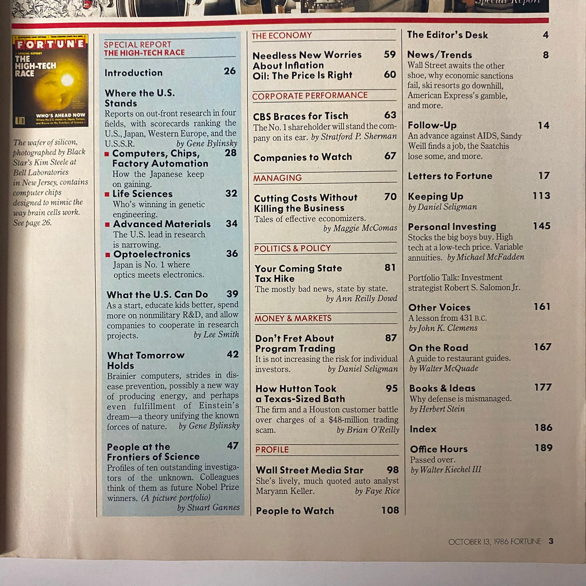 Table of contents from the October 13, 1986 issue of Fortune Magazine titled 'The High-Tech Race'. It lists key articles and features, focusing on advancements in technology and competitive global standings during the 1980s.
