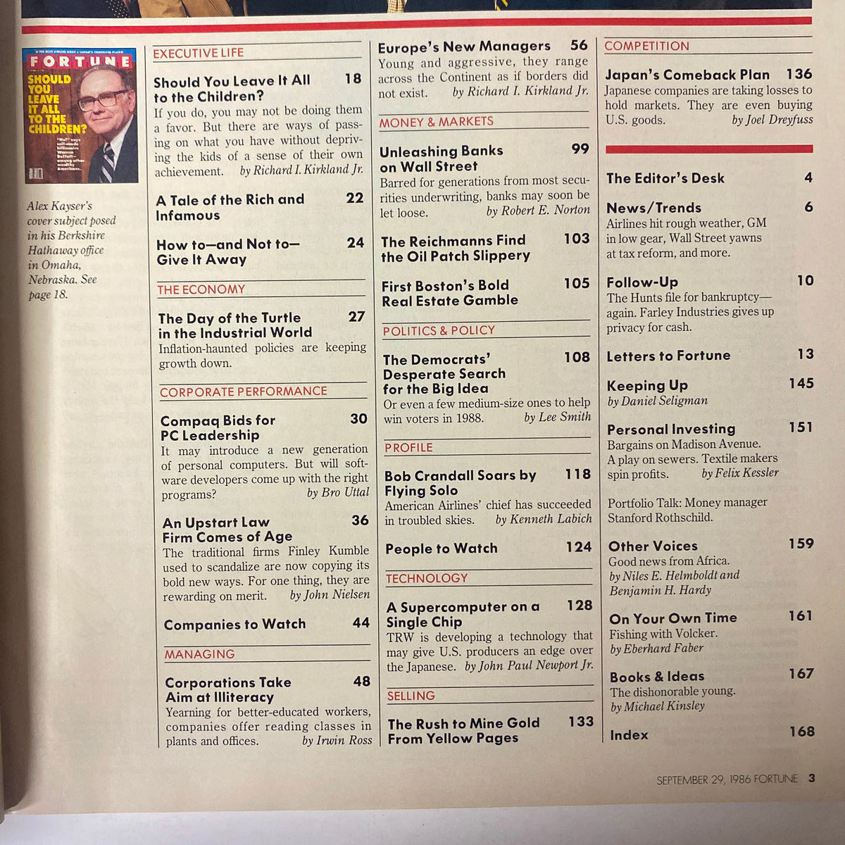 Contents page of the September 29, 1986 issue of Fortune Magazine featuring articles like 'Should You Leave It All to the Children?' and 'Compaq Bids for PC Leadership,' showcasing insights into business trends of the mid-1980s.