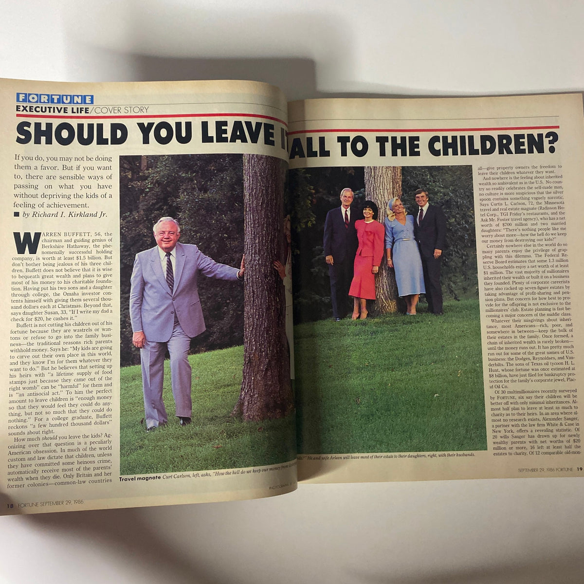 Page from Fortune Magazine September 29, 1986, displaying the cover story 'Should You Leave It All to the Children?' with a photograph of Warren Buffett alongside others, addressing issues of wealth inheritance.
