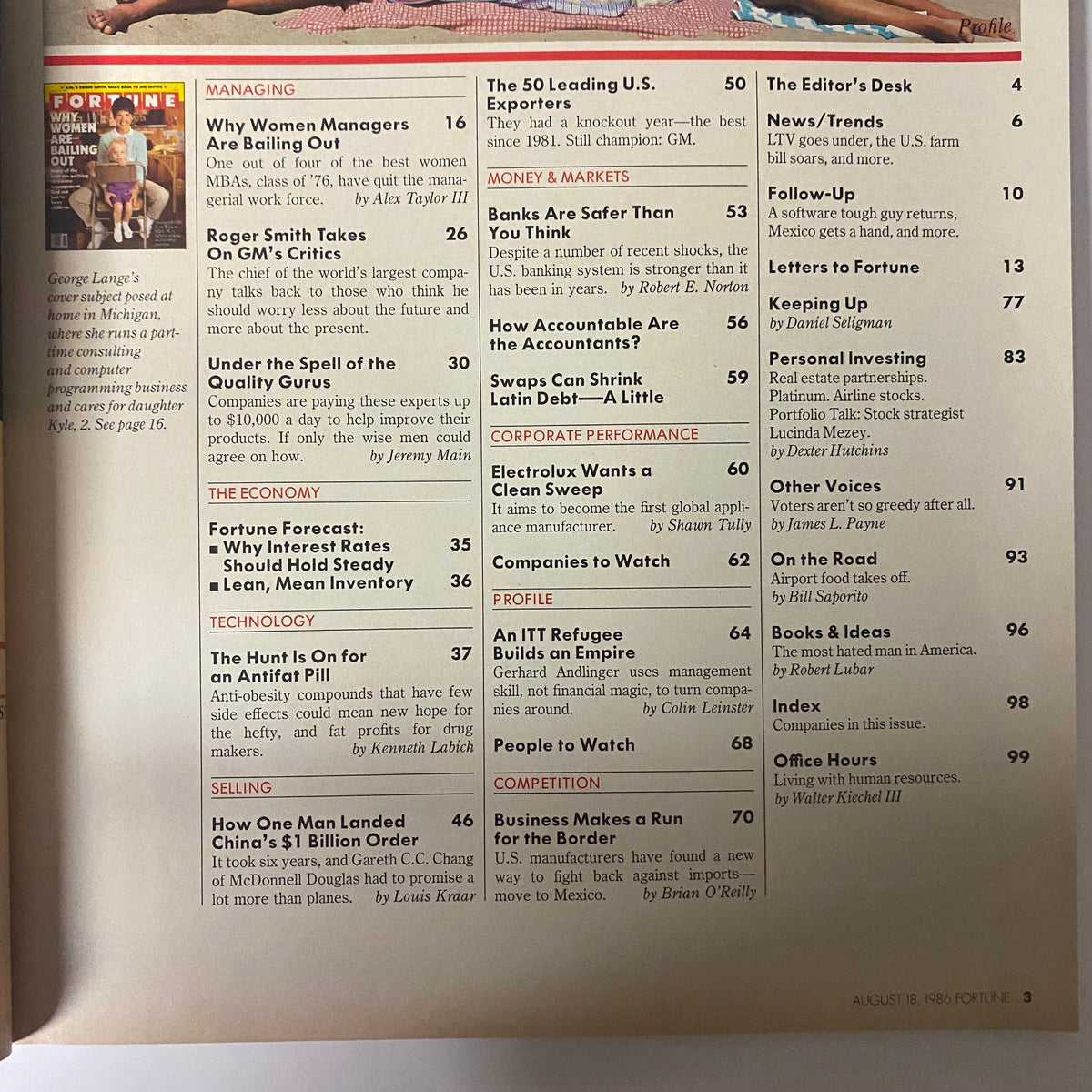 Fortune Magazine August 18, 1986, featuring the table of contents with titles like 'Why Women Managers Are Bailing Out' and other corporate articles.