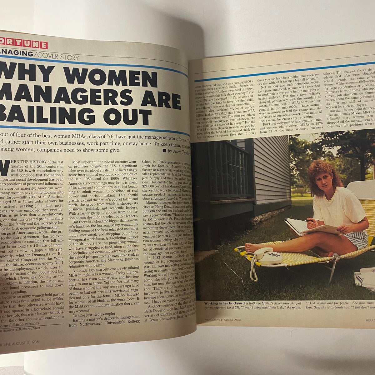 Cover story from Fortune Magazine August 18, 1986, titled 'Why Women Managers Are Bailing Out', discussing the exodus of women MBAs from managerial positions.