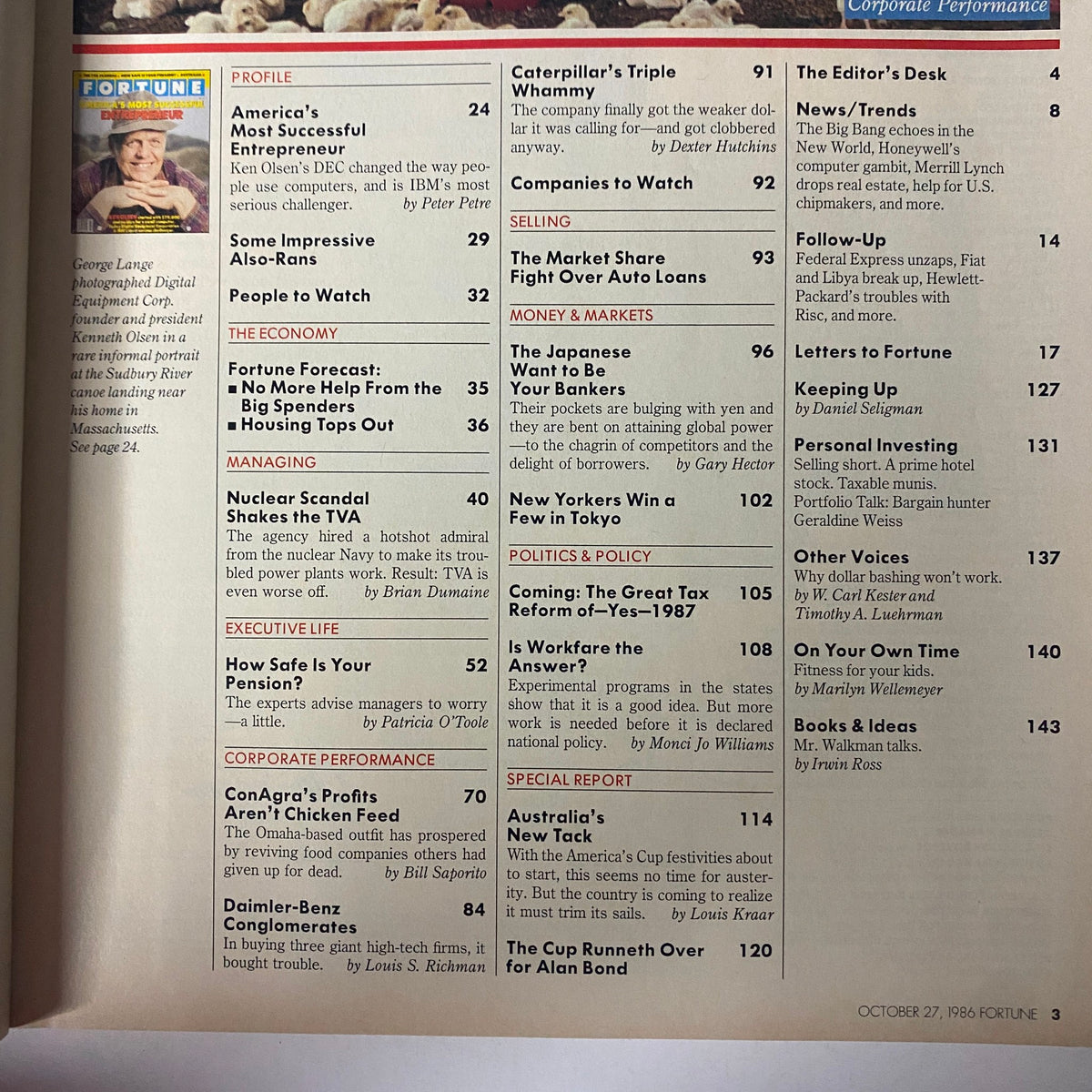 Table of contents from Fortune Magazine October 27, 1986, featuring articles including 'America's Most Successful Entrepreneur' and economic insights.