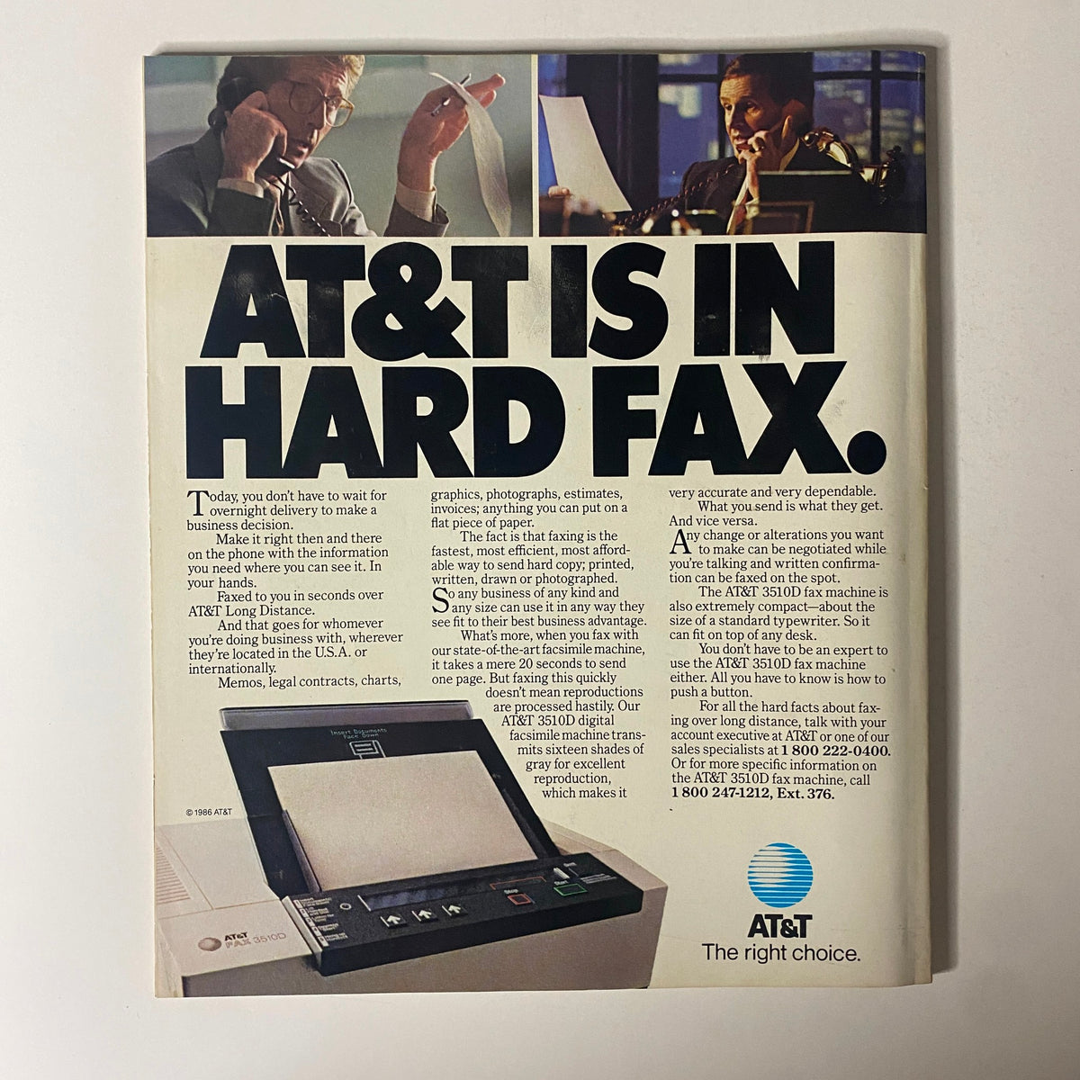 Advertisement from Fortune Magazine October 27, 1986 promoting AT&T fax services, highlighting efficient business communication.