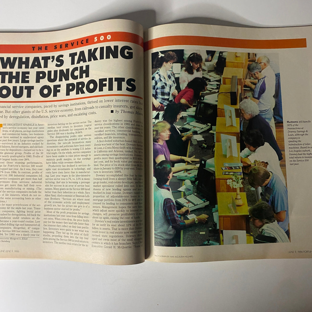 Open spread of Fortune Magazine June 9, 1986 detailing the article 'What's Taking the Punch Out of Profits' with a vibrant photo of a busy financial services environment.
