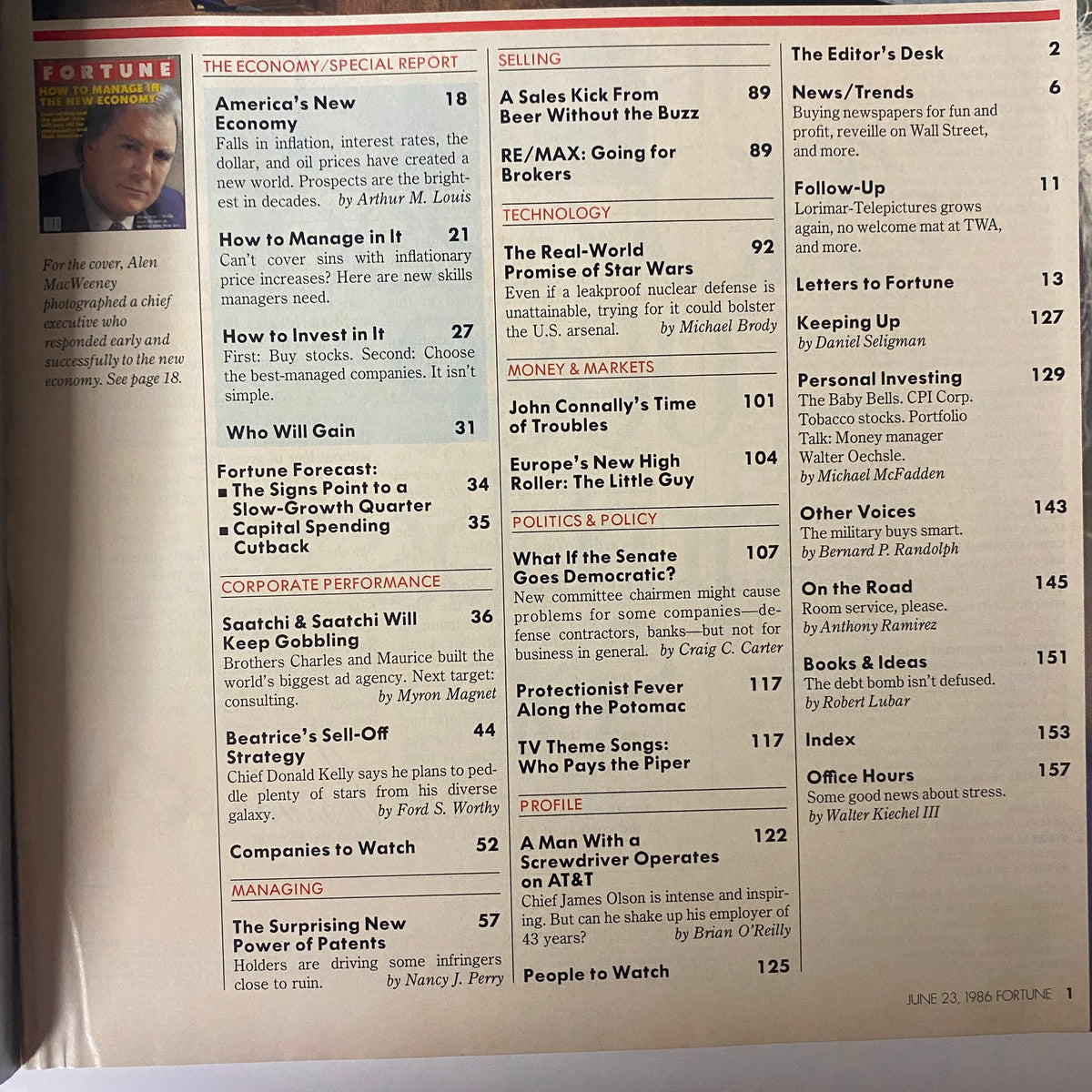 Fortune Magazine June 23, 1986 contents page with a comprehensive list of articles. Highlights include special report on 'America’s New Economy', investment strategies, and management insights.