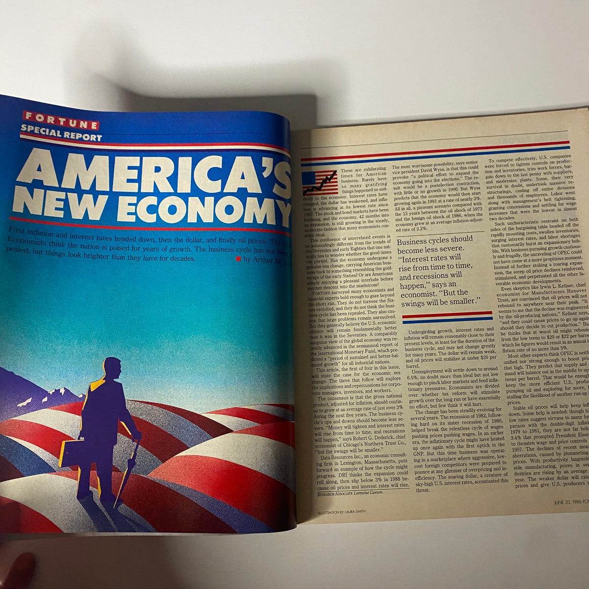 Inside view of Fortune Magazine June 23, 1986 showcasing the start of the special report 'America's New Economy'. Features bold typography and an illustration symbolizing economic growth and strategy.