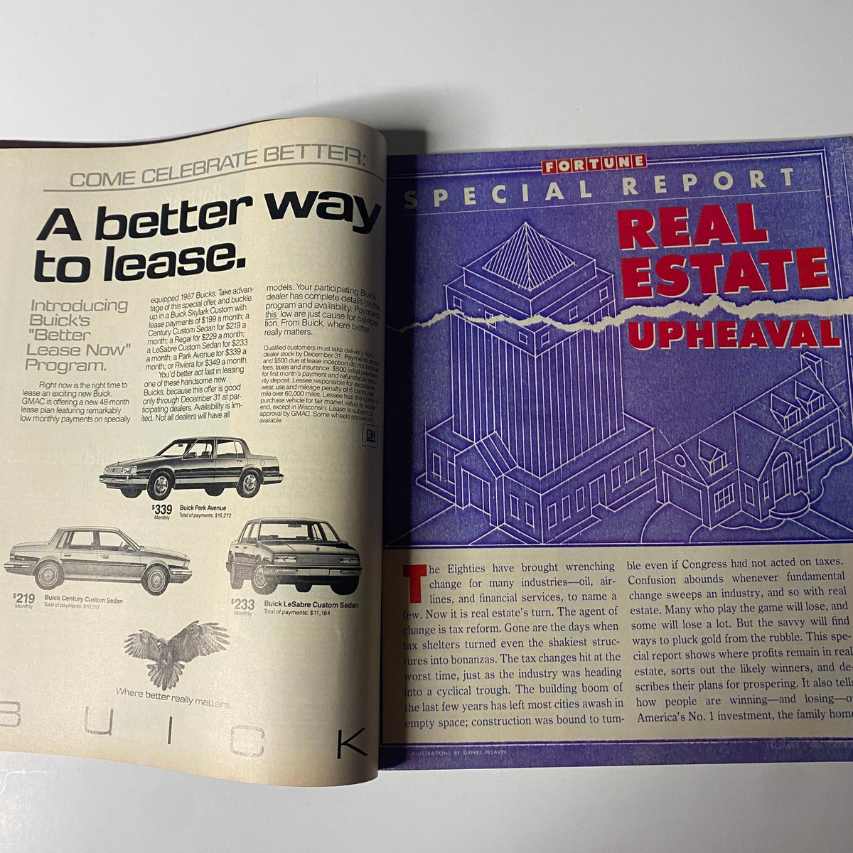 Interior page of Fortune Magazine December 8, 1986 featuring Buick car advertisements and a special report on Real Estate Upheaval, highlighting economic insights and challenges in the 1980s real estate market.