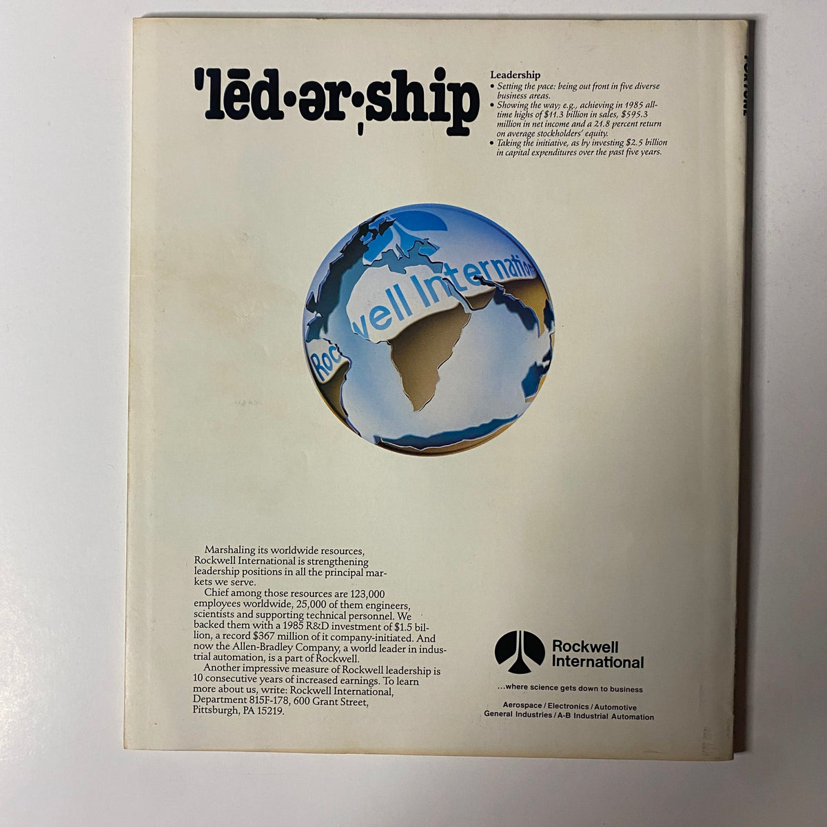 Back cover of the Fortune Magazine July 21, 1986, displaying the Rockwell International logo and a focus on leadership in diverse business sectors.
