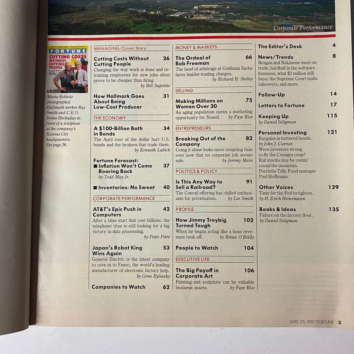 Table of contents from Fortune Magazine, May 25, 1987, outlining articles including 'Cutting Costs Without Cutting People'.