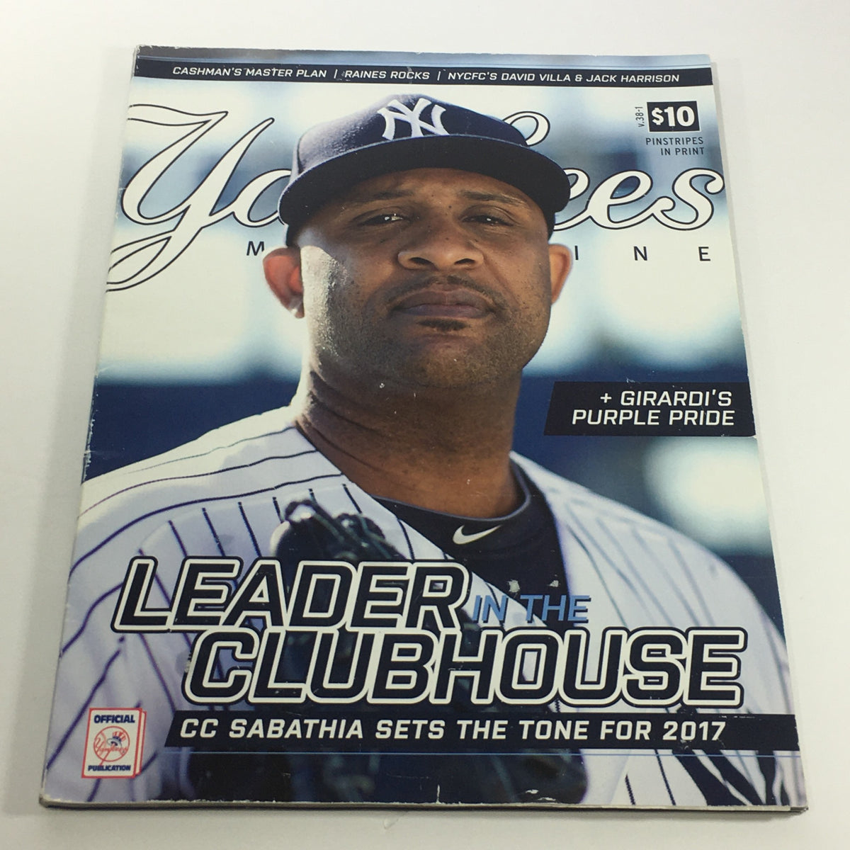 Yankees Magazine: Spring 2017 Volume 38-1 featuring CC Sabathia on the cover, emphasizing his role as a leader in the clubhouse and setting the tone for the 2017 season.
