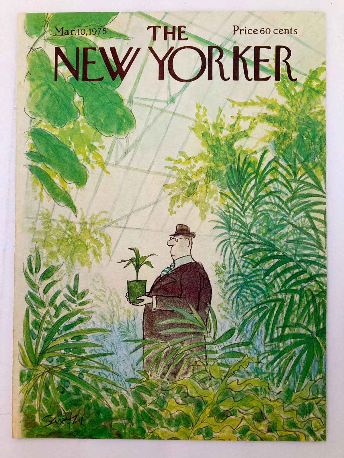 Vintage cover of The New Yorker, March 10, 1975, titled 'Greenhouse' by Charles Saxon, featuring a man in a suit holding a potted plant among lush greenery, illustrating themes of nature and urban life.