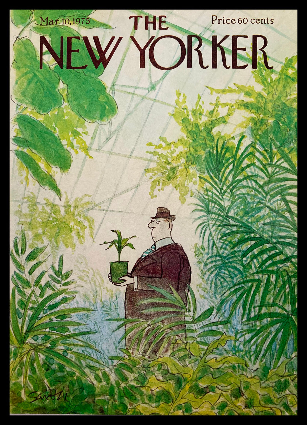 The New Yorker March 10, 1975 magazine cover titled 'Greenhouse' by Charles Saxon, showcasing a gentleman in a suit holding a small potted plant amid lush green foliage in a conservatory setting.