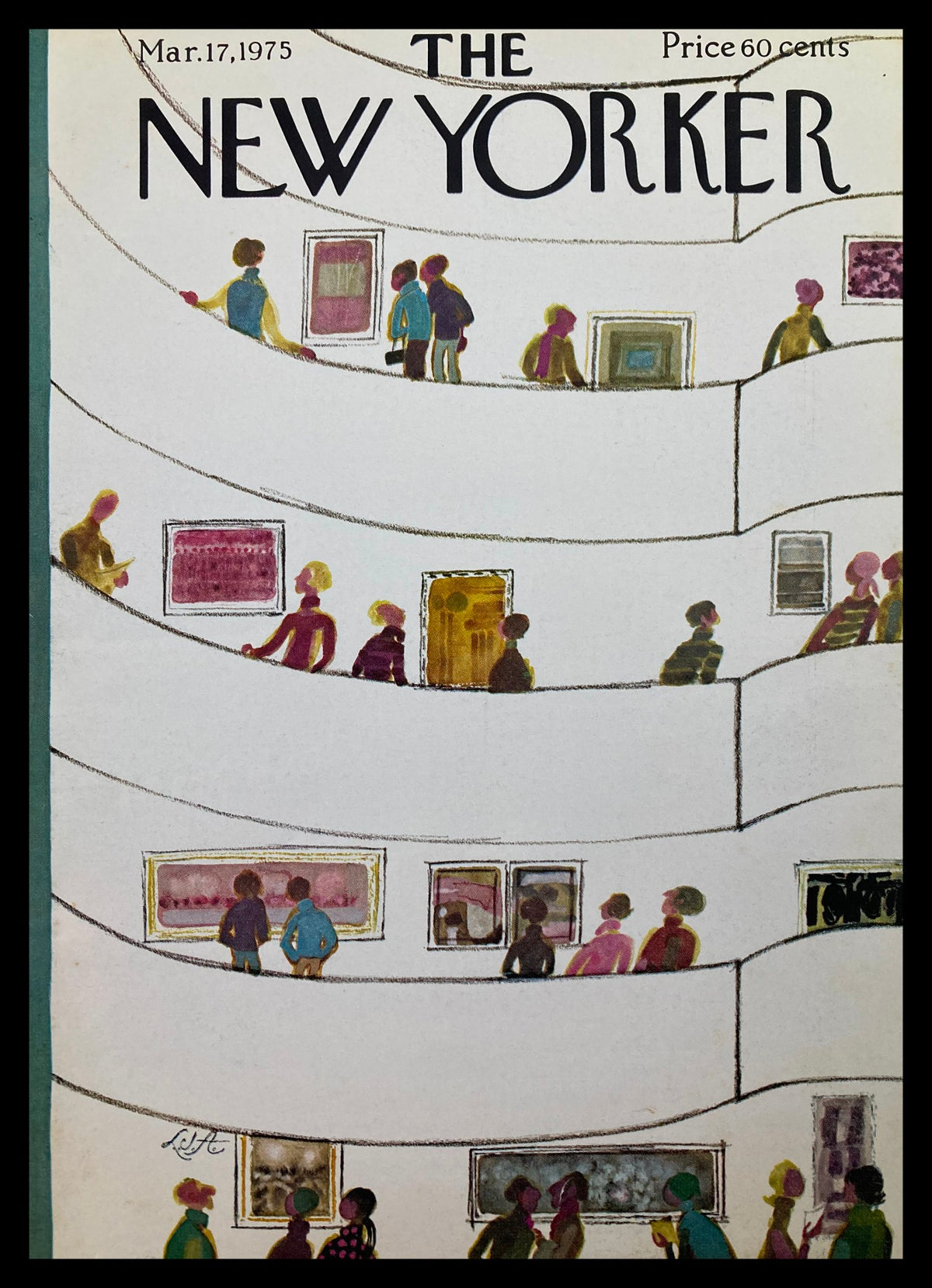 Cover of The New Yorker magazine from March 17, 1975, featuring an artistic depiction of people in an art gallery, designed by Laura Jean Allen. The cover showcases diverse figures interacting with framed artworks in a contemporary setting.