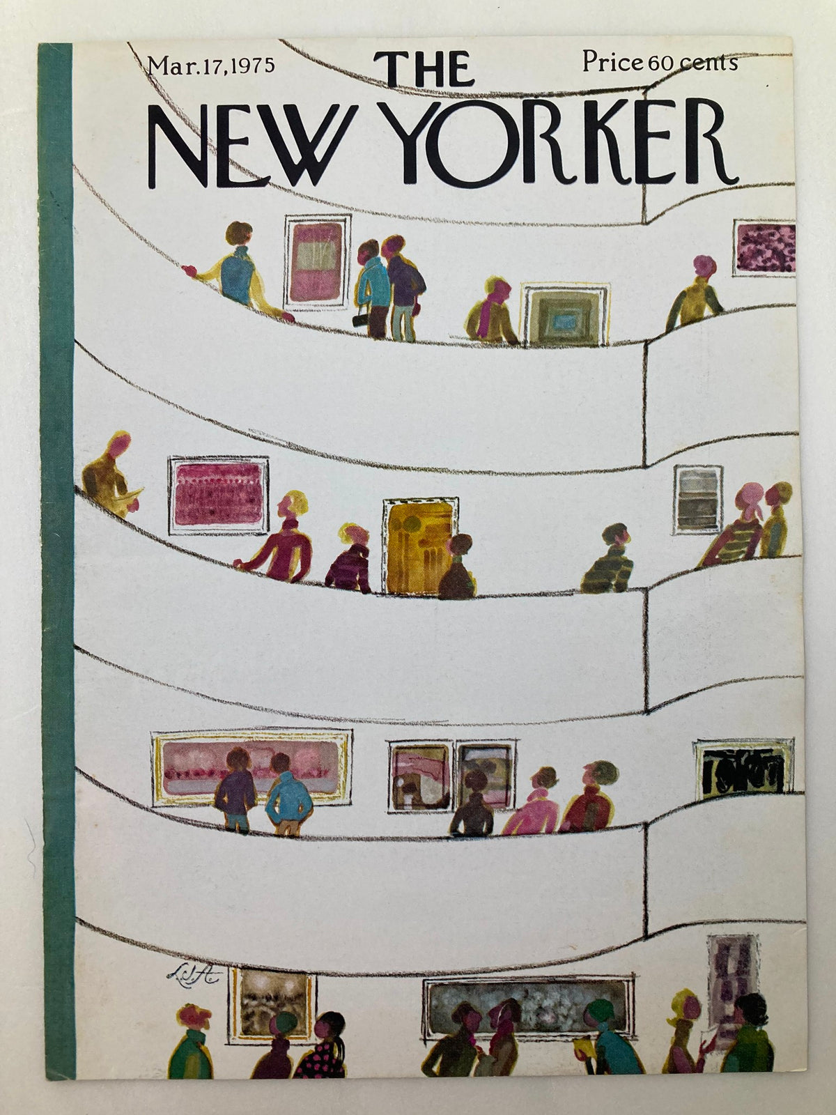 Cover of The New Yorker magazine dated March 17, 1975, featuring an illustration of an art gallery with diverse figures viewing artwork, titled 'COVER ONLY The New Yorker March 17 1975 Art Gallery by Laura Jean Allen No Label'.