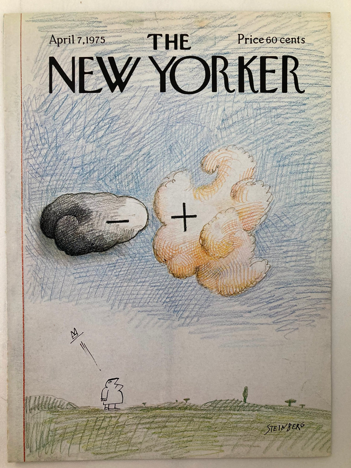 COVER ONLY The New Yorker April 7 1975 Clouds by Saul Steinberg, featuring a colorful depiction of clouds with unique symbols, ideal for fans of vintage magazine art.