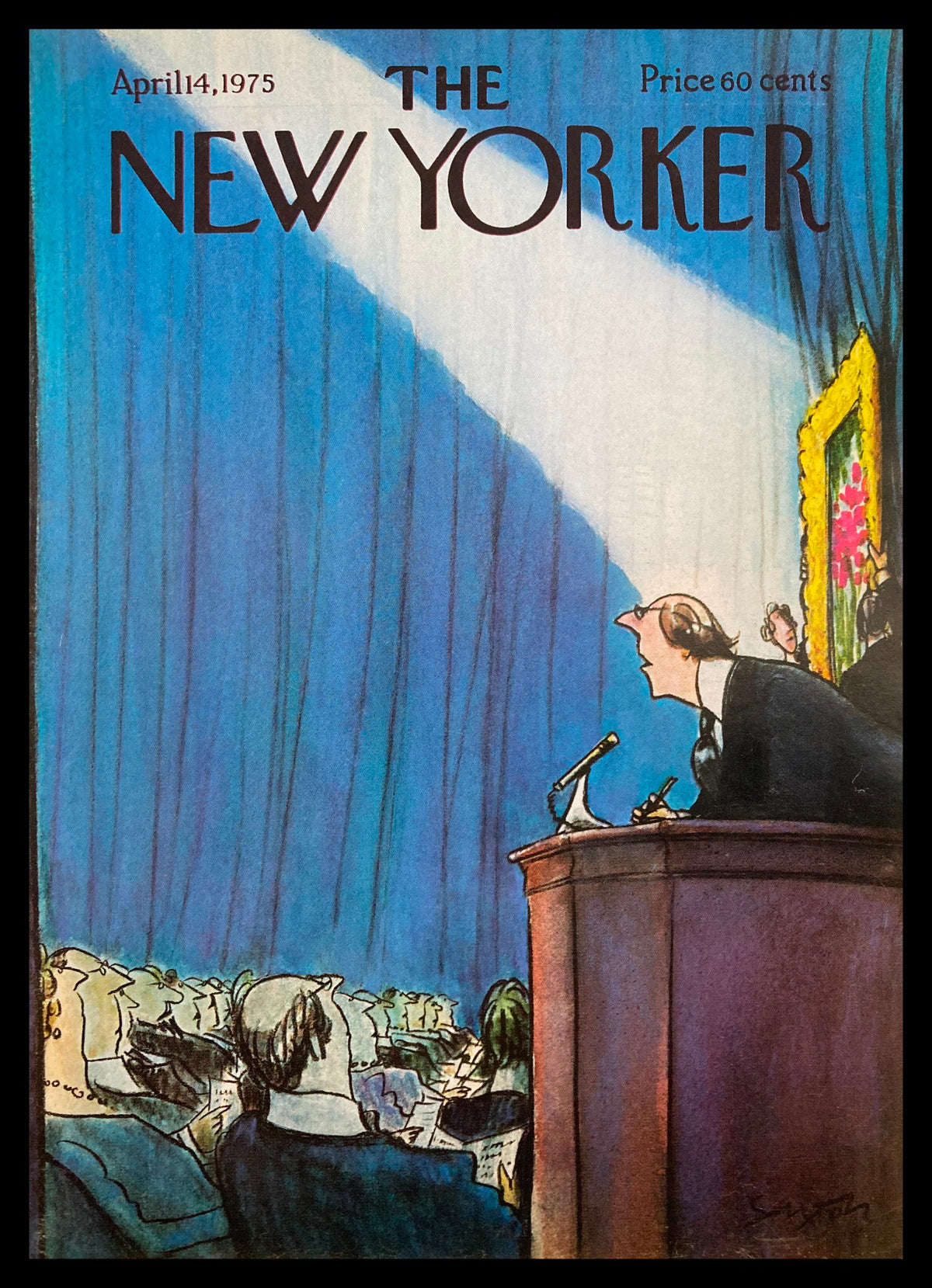 Cover of The New Yorker, April 14, 1975, titled 'Say What' by Charles Saxon, featuring a speaker at a podium with an audience in the foreground, vibrant colors and whimsical illustration.