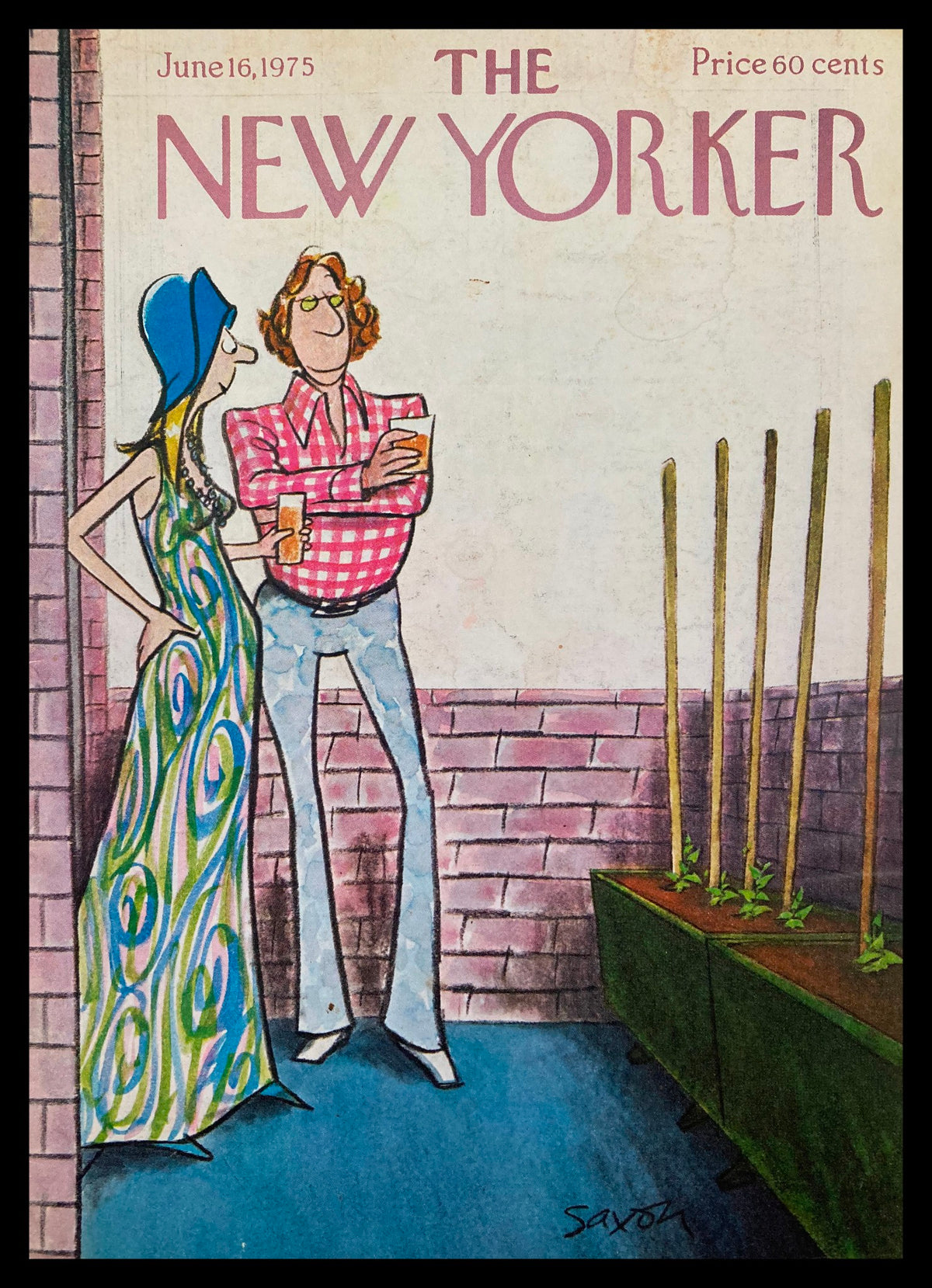 Cover art of The New Yorker, June 16, 1975, titled 'Chilling' by Charles Saxon, featuring a stylish couple in a garden setting, man holding a drink and woman wearing a colorful dress and hat.