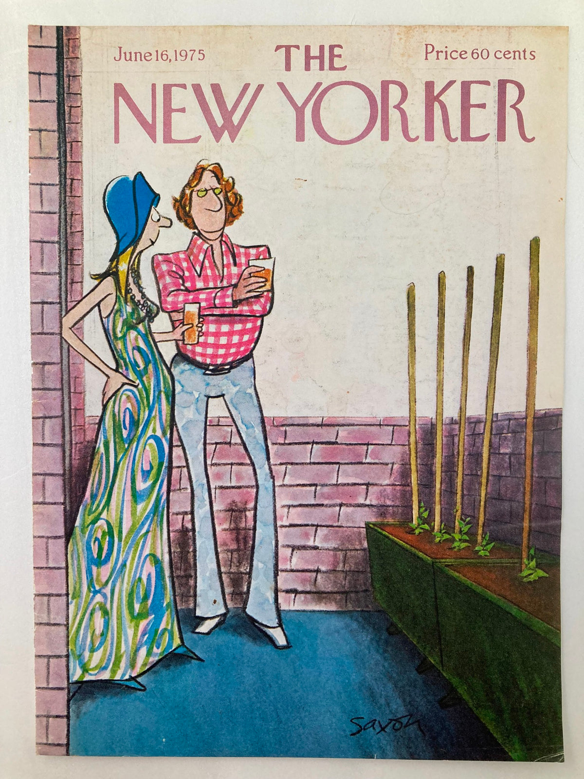 Cover of The New Yorker dated June 16, 1975, titled 'Chilling' by Charles Saxon, featuring a colorful illustration of a couple, with a stylish woman in a dress and a man in a plaid shirt, standing in front of a wall with plants.