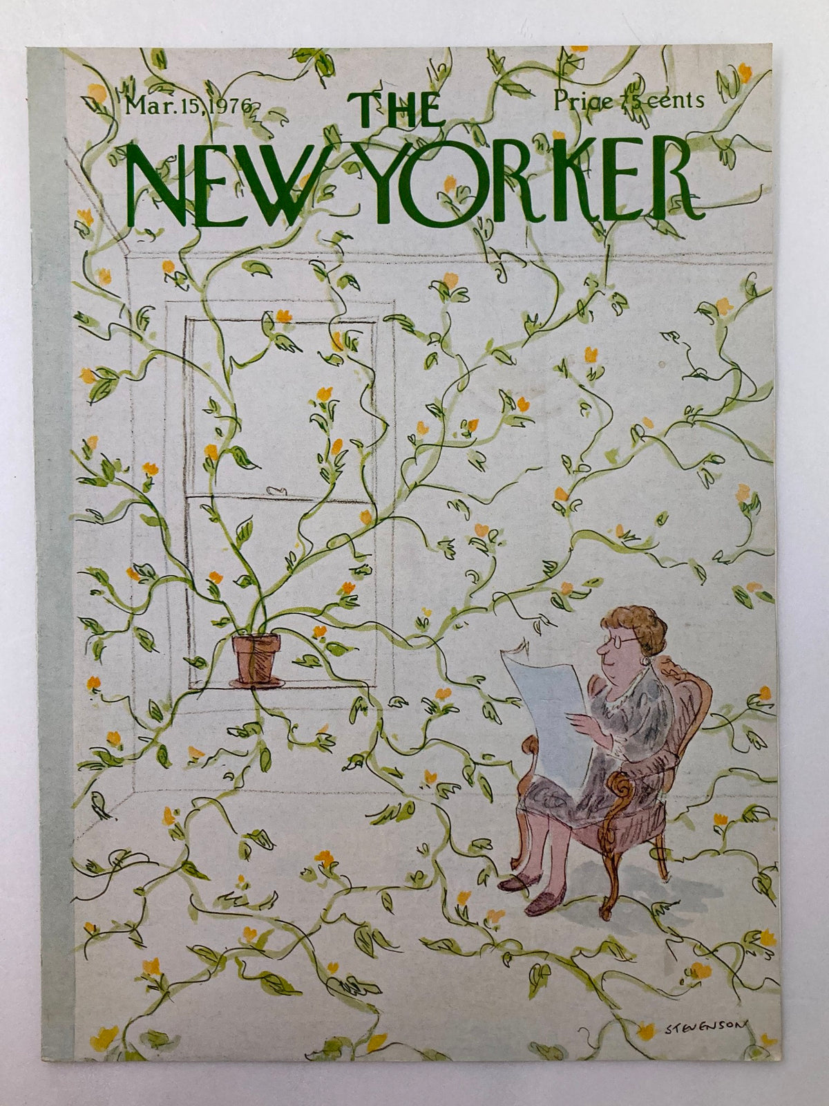 COVER ONLY The New Yorker March 15 1976 Vines by James Stevenson, showing a vintage illustration of a woman seated with a newspaper surrounded by decorative vines.