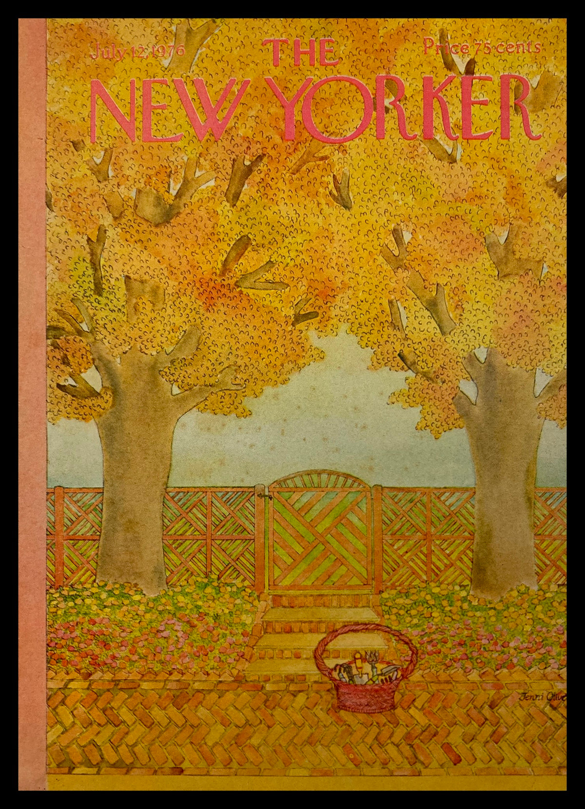 Cover only The New Yorker July 12 1976 Gardening Day featuring vibrant autumn trees and a garden gate by artist Jenni Oliver.