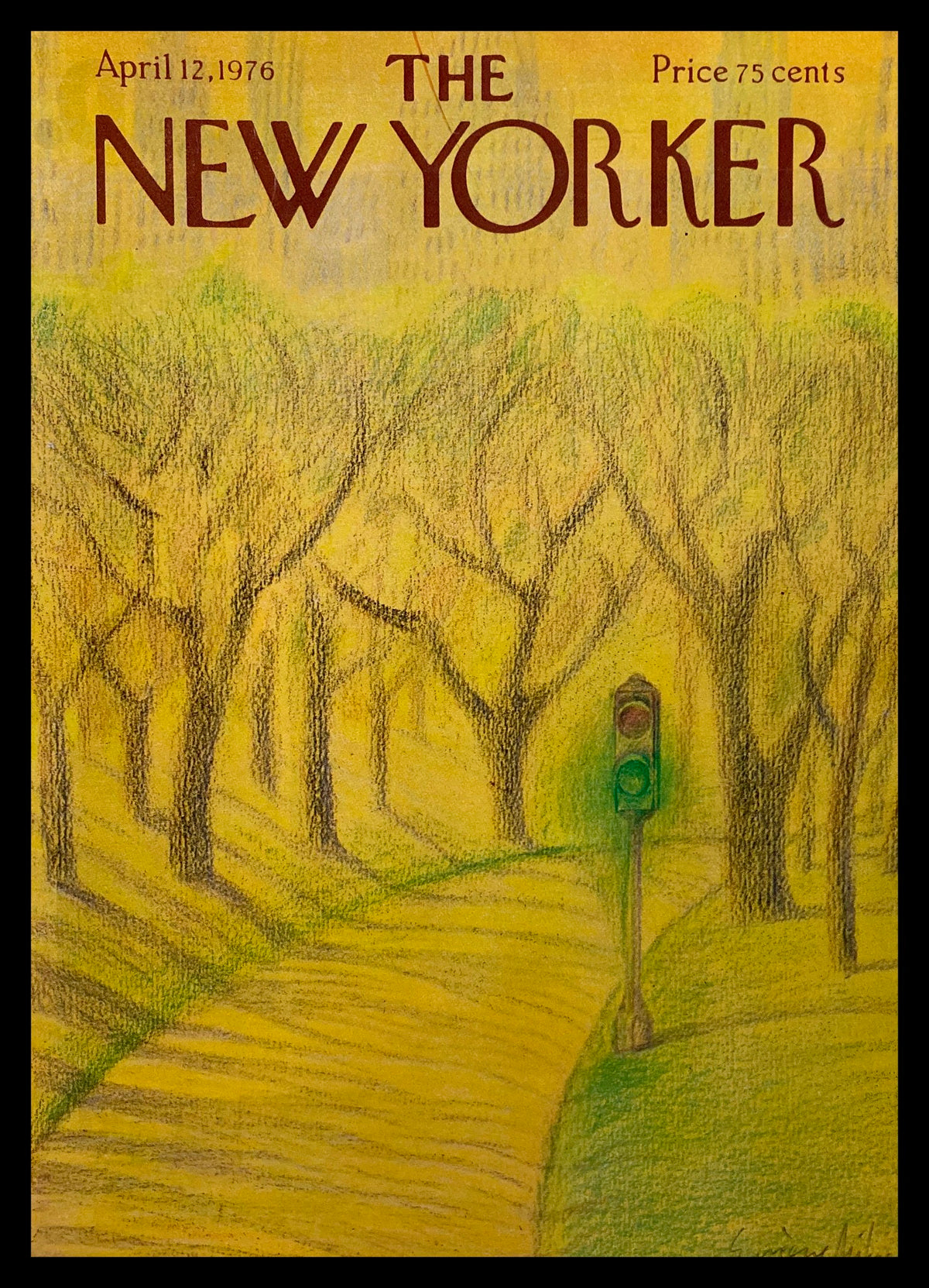 The New Yorker cover from April 12, 1976, showcasing a serene landscape with trees and a traffic light, illustrated by Eugene Mihaesco, perfect for art lovers and collectors.