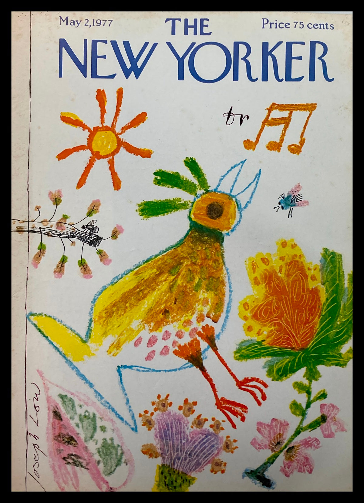 Cover of The New Yorker dated May 2, 1977, featuring colorful artwork titled 'Singing Bird' by Joseph Low. The design includes a vibrant bird, flowers, and musical notes, embodying a charming and whimsical aesthetic.