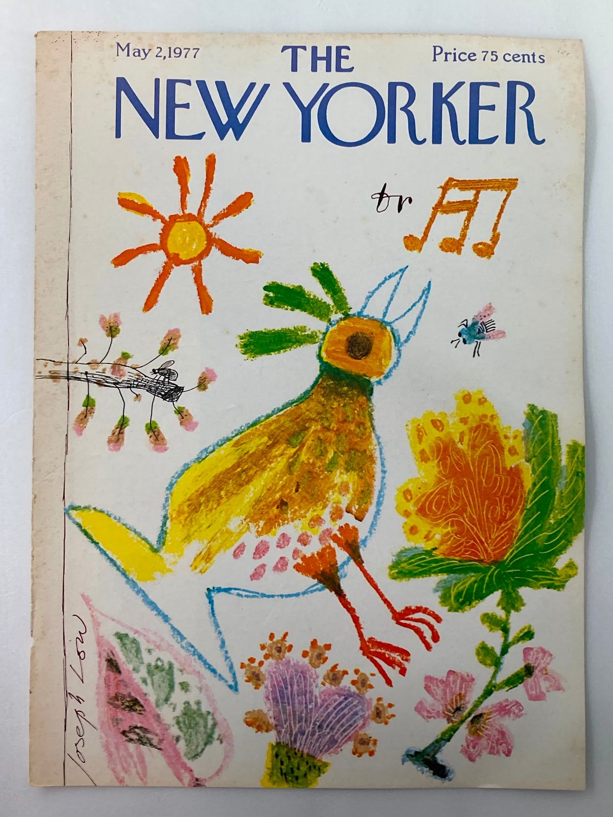 Cover art of The New Yorker from May 2, 1977, featuring vibrant illustrations of a singing bird, flowers, and a sun, designed by Joseph Low. Ideal for collectors of vintage magazine covers.