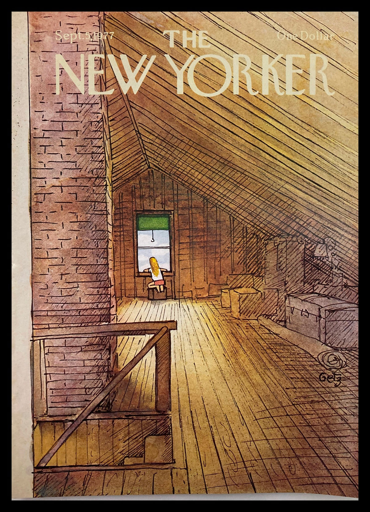 Cover art of The New Yorker September 6, 1977, titled "Attic" by Arthur Getz, showcasing a nostalgic attic interior with warm colors and a solitary figure gazing out a window.