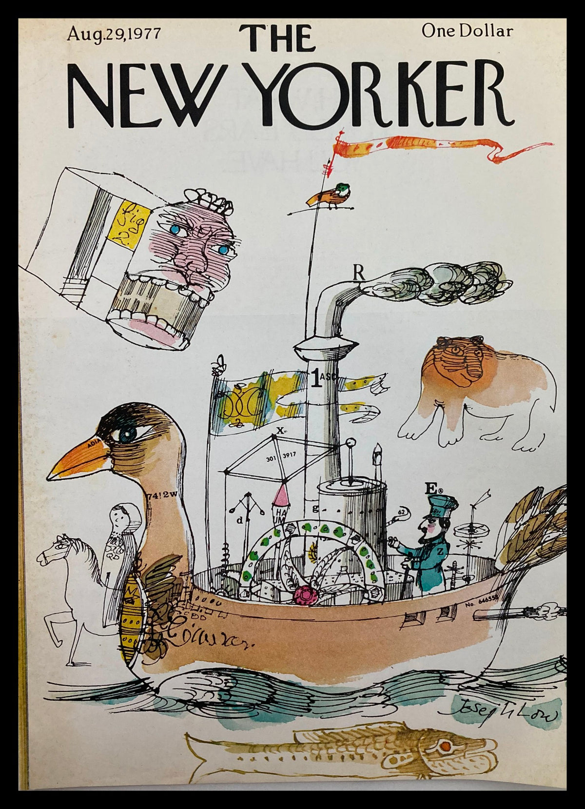 The New Yorker cover from August 29, 1977, featuring whimsical artwork titled 'Duck Boat' by Joseph Low, depicting a playful steamboat and various colorful characters, capturing a unique vintage artistic style.