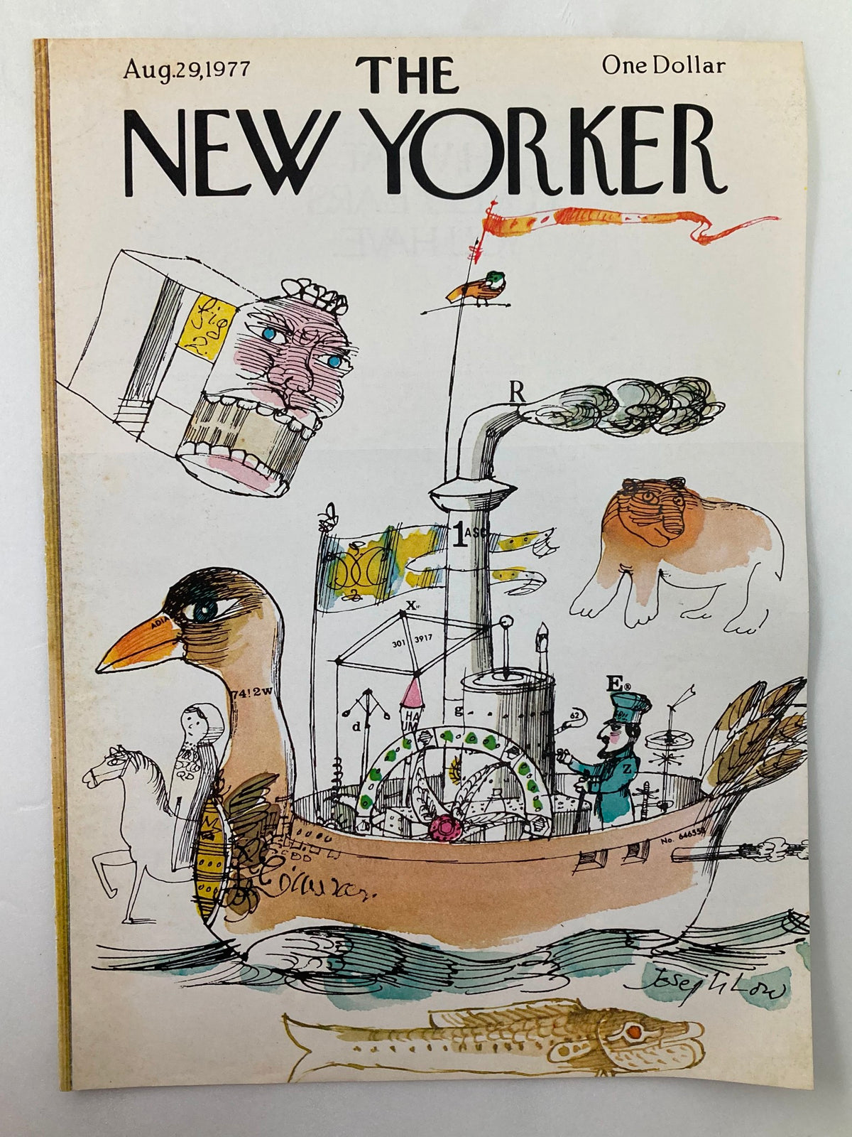 Cover of The New Yorker dated August 29, 1977 featuring Duck Boat artwork by Joseph Low, showcasing whimsical illustrations including a duck boat, a horse rider, and various doodles.