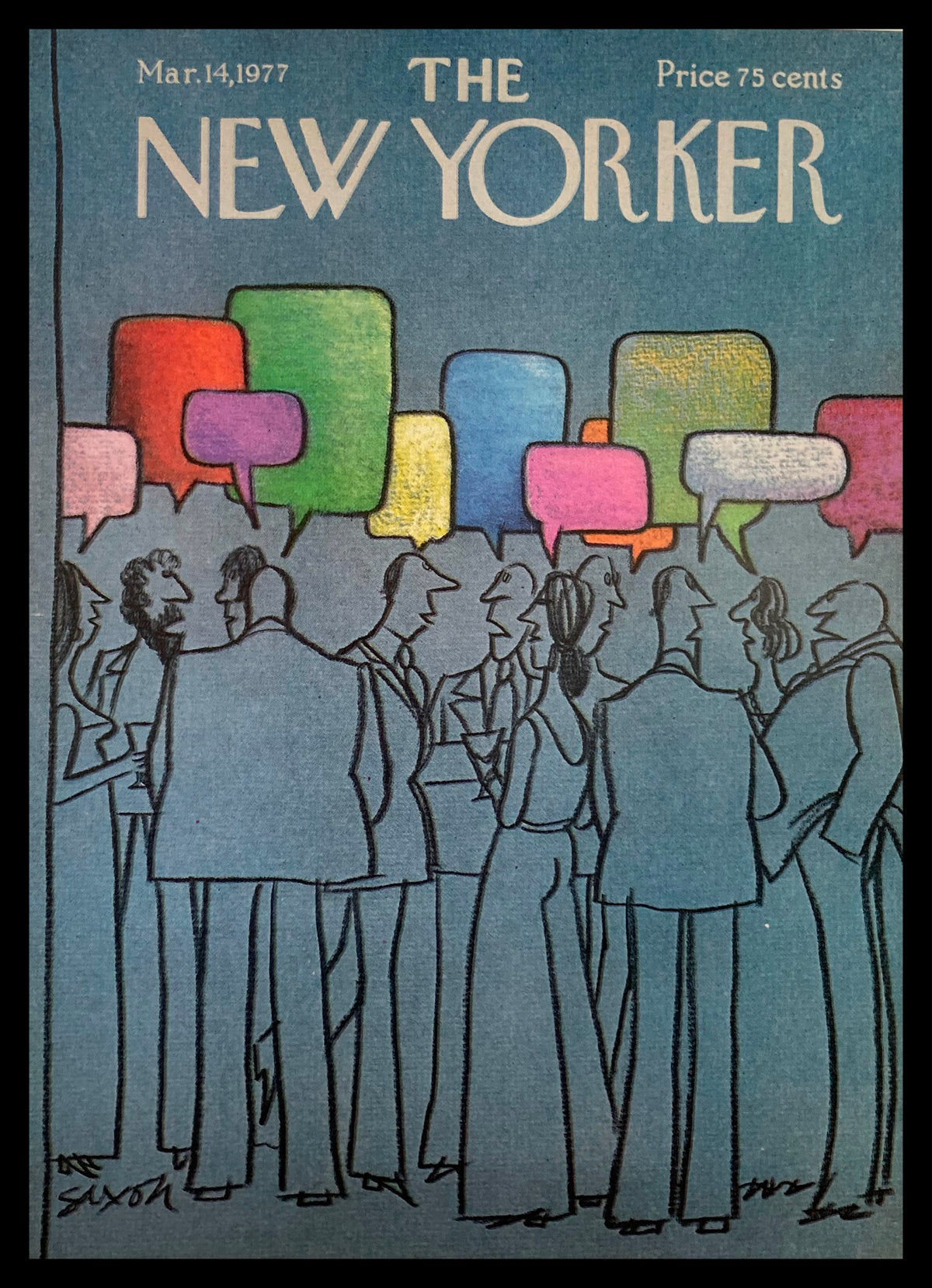 Cover of The New Yorker March 14 1977 featuring Gossips illustration by Charles Saxon, depicting stylized figures conversing with colorful speech bubbles.