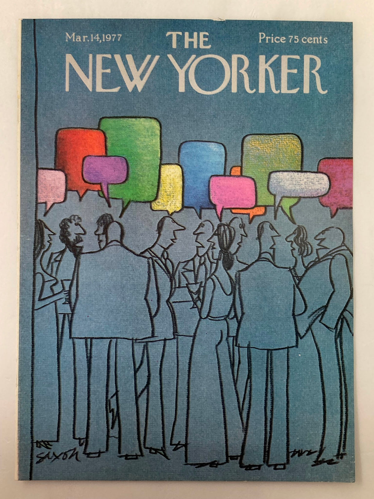 Cover of The New Yorker March 14 1977 featuring Gossips illustration by Charles Saxon, showcasing a gathering of people in formal attire surrounded by vibrant speech bubbles.