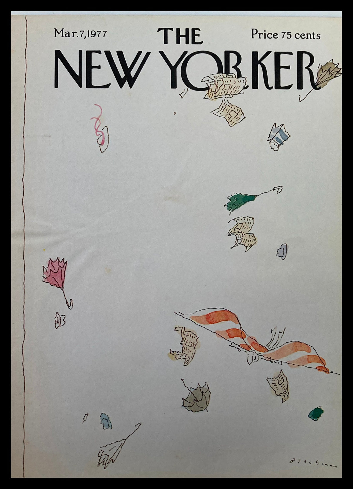 The New Yorker March 7 1977 Windy cover by R.O. Blechman, featuring whimsical illustrations of colorful leaves and umbrellas in a light background, showcasing 1970s magazine artistry.