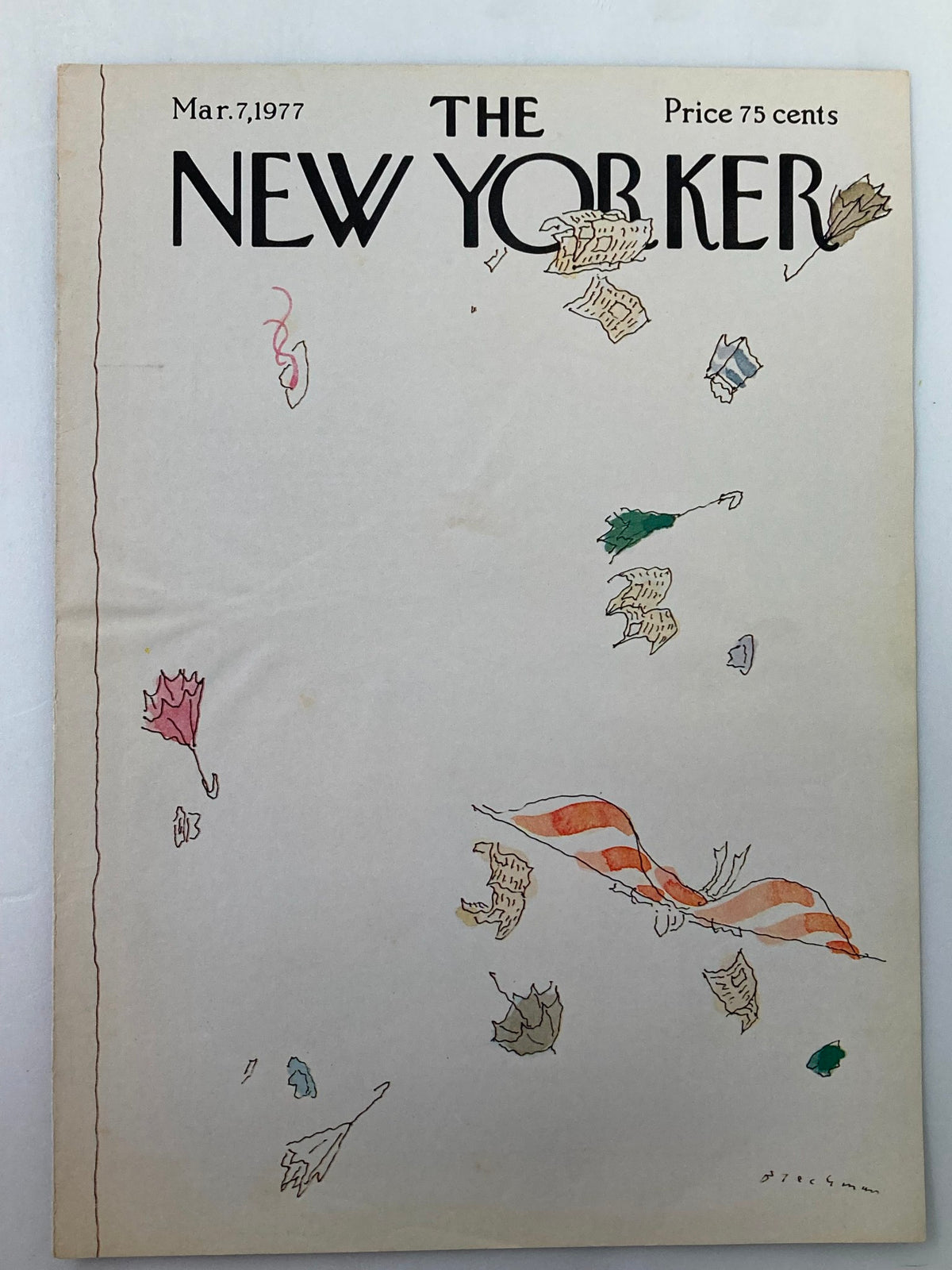 The New Yorker March 7 1977 Windy cover by R.O. Blechman, depicting an artistic design with floating leaves and ribbons, ideal for vintage magazine collectors.