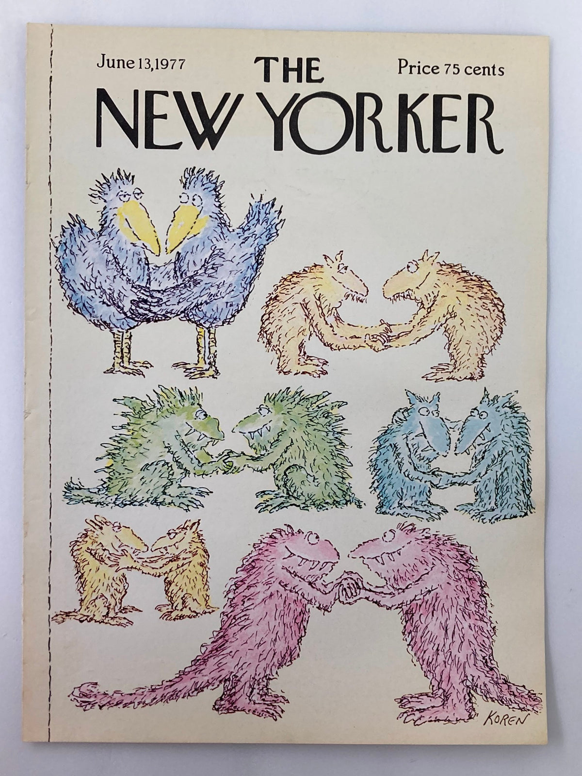 The New Yorker cover from June 13, 1977, featuring whimsical illustrations of colorful creatures symbolizing couples, created by Edward Koren. This vintage artwork captures the charm and nostalgia of the 1970s.