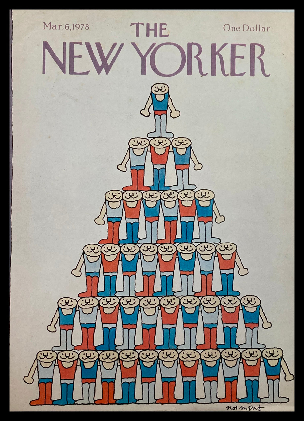 Cover of The New Yorker dated March 6, 1978, featuring the vibrant illustration titled 'Teamwork' by John Norment. The cover showcases a whimsical design of stylized characters forming a pyramid, symbolizing collaboration and community.
