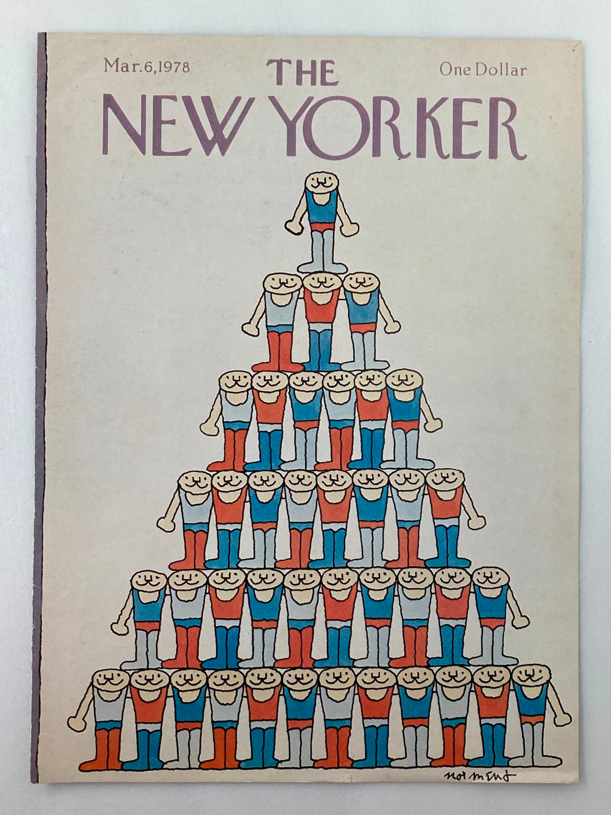 Cover of The New Yorker magazine from March 6, 1978, featuring an illustration titled 'Teamwork' by John Norment. The cover showcases a colorful depiction of characters forming a pyramid, reflecting collaboration and community themes, characteristic of vintage magazine art.