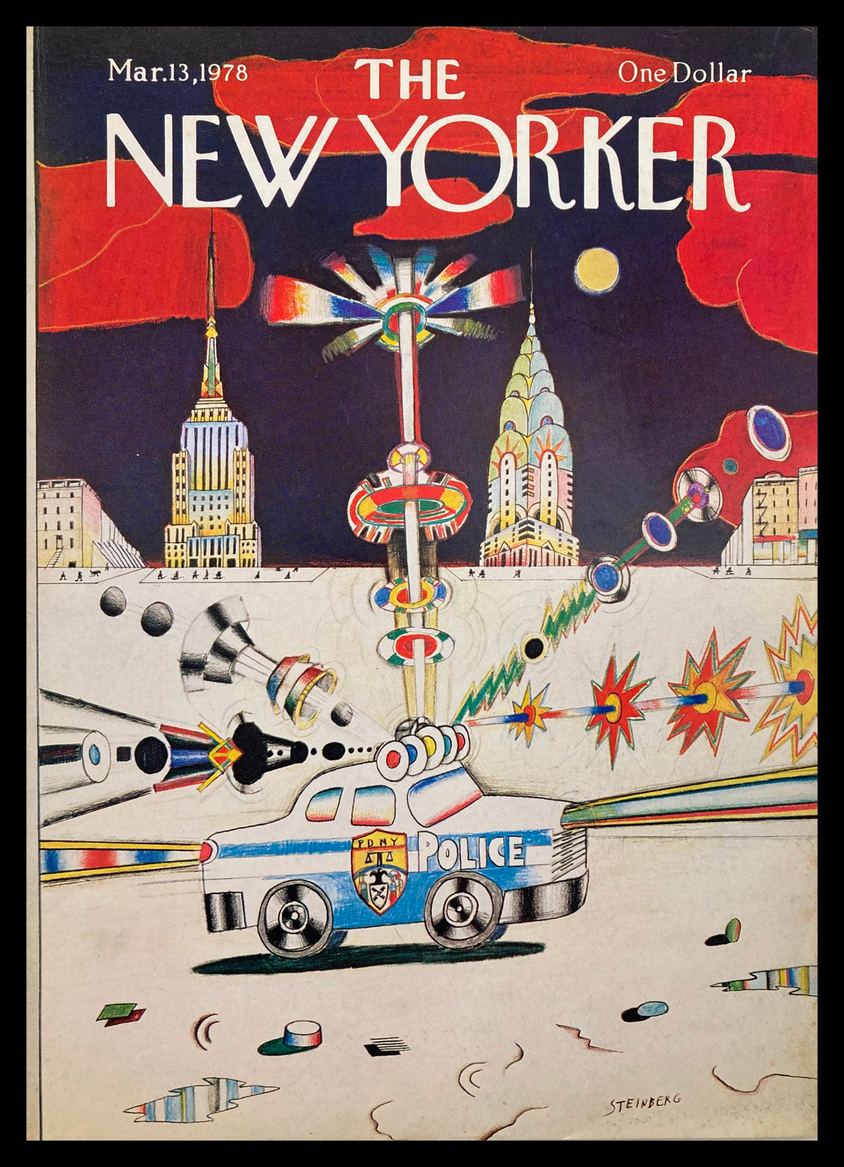 The New Yorker cover from March 13, 1978, illustrated by Saul Steinberg, featuring a police car surrounded by vibrant explosions and urban landmarks, showcasing the unique artistic style and humor typical of Steinberg's work.