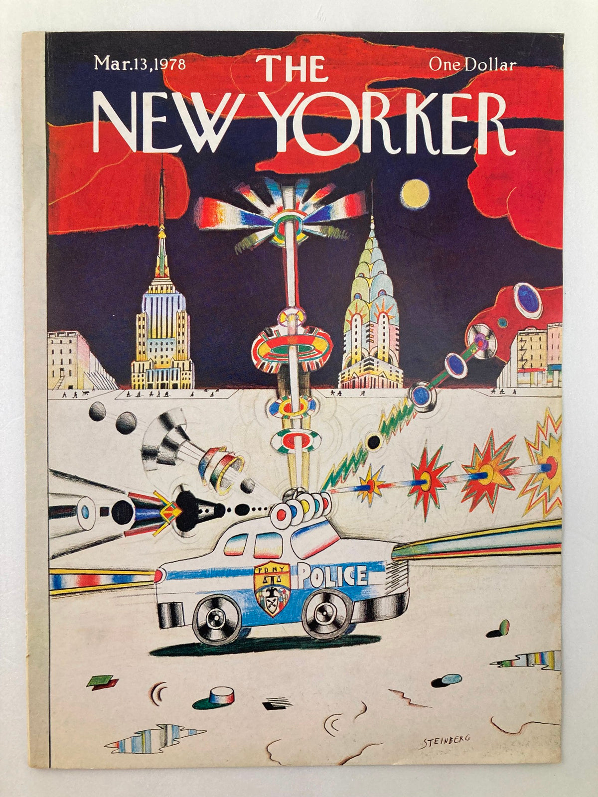 The New Yorker cover dated March 13, 1978, created by Saul Steinberg, depicting a police car amidst colorful bursts and iconic New York City skyscrapers, reflecting the artistic heritage and cultural essence of urban life.