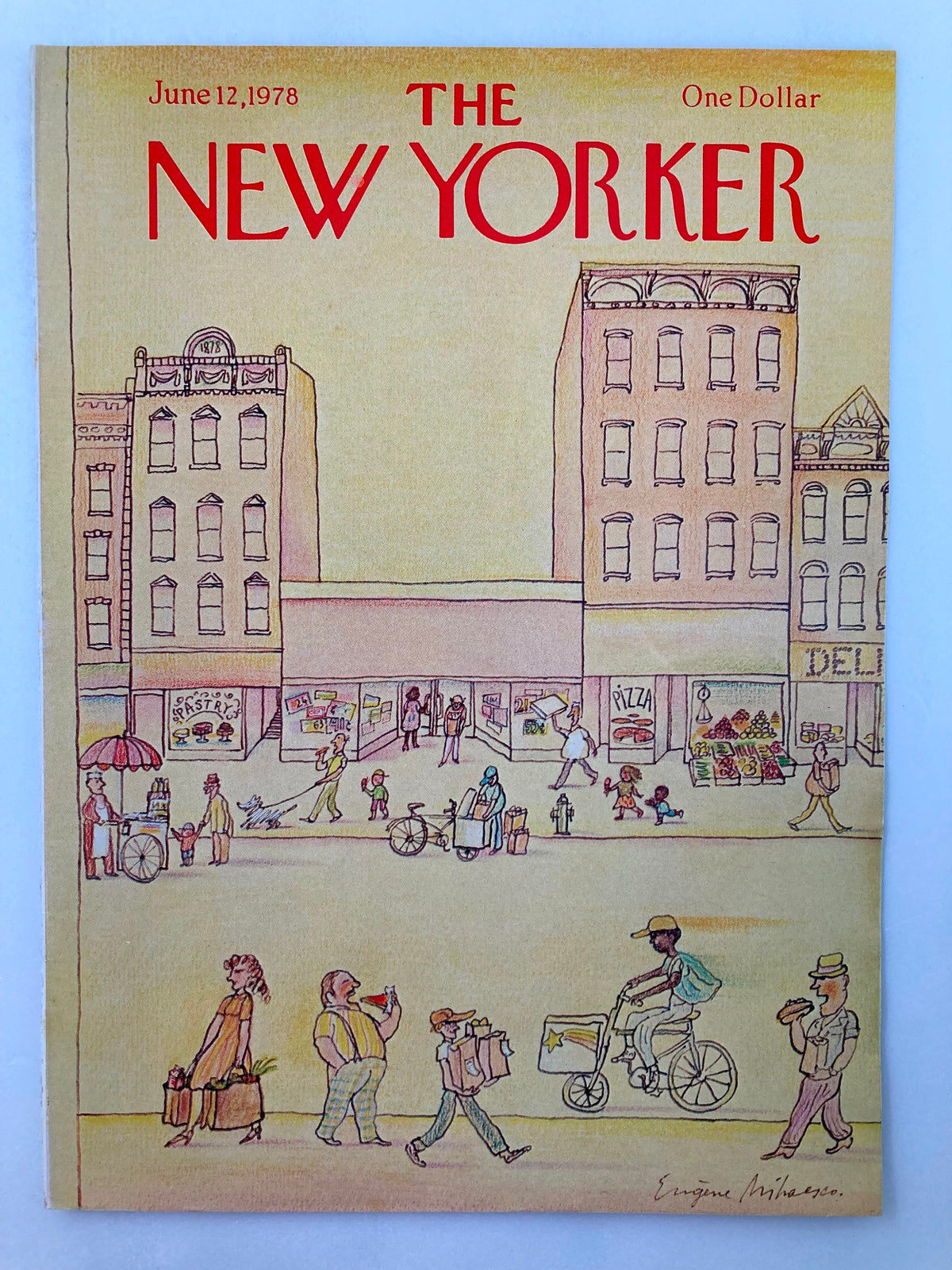Vintage cover of The New Yorker June 12, 1978, showcasing 'Sidewalks' by Eugene Mihaesco, with a colorful depiction of urban life and storefronts in New York.