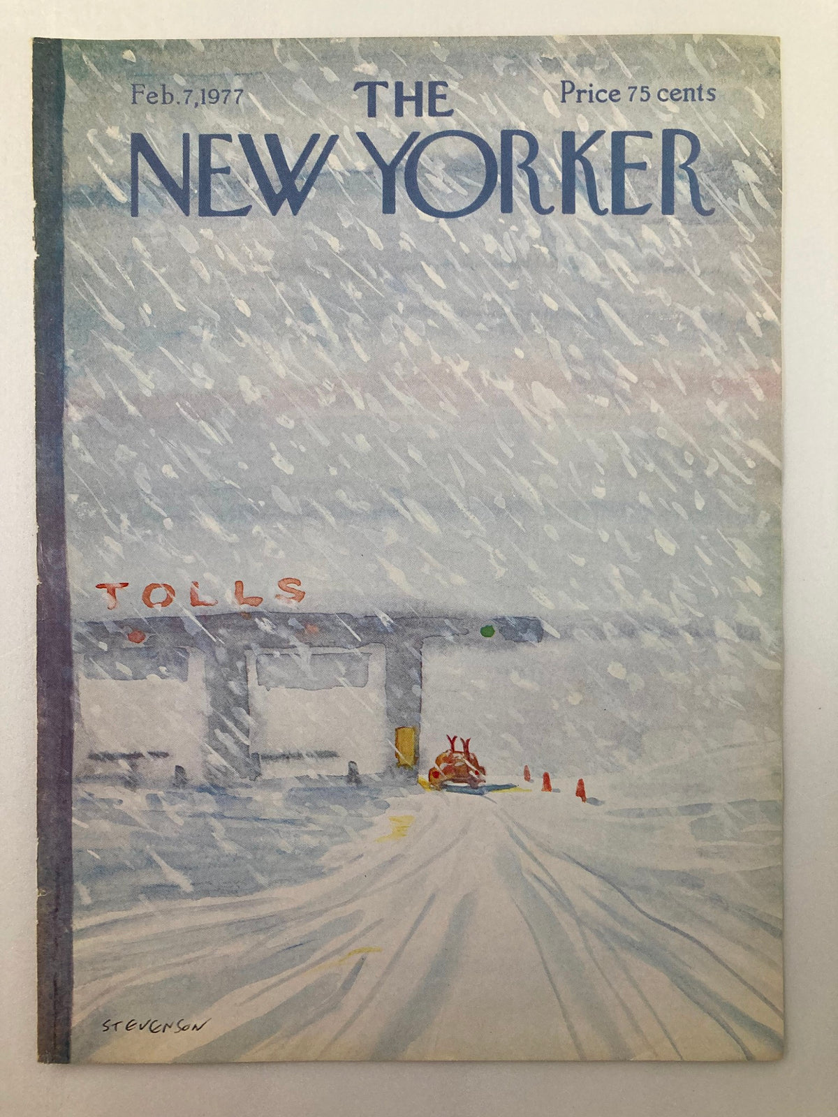 Cover of The New Yorker, February 7, 1977 titled 'Tolls' by James Stevenson, featuring a snowy scene with a toll booth and snow-covered road, reflecting vintage art style.