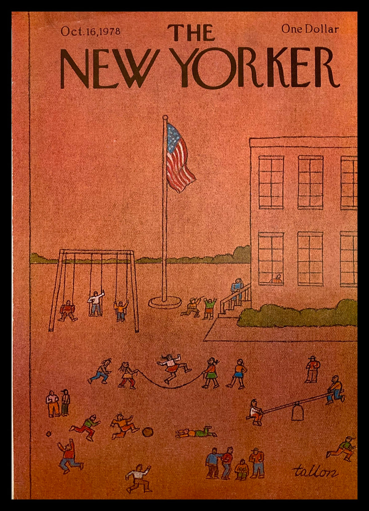 Cover of The New Yorker October 16 1978 titled 'Playground' by Robert Tallon, featuring children playing in a park setting with various activities like swinging and jumping rope.