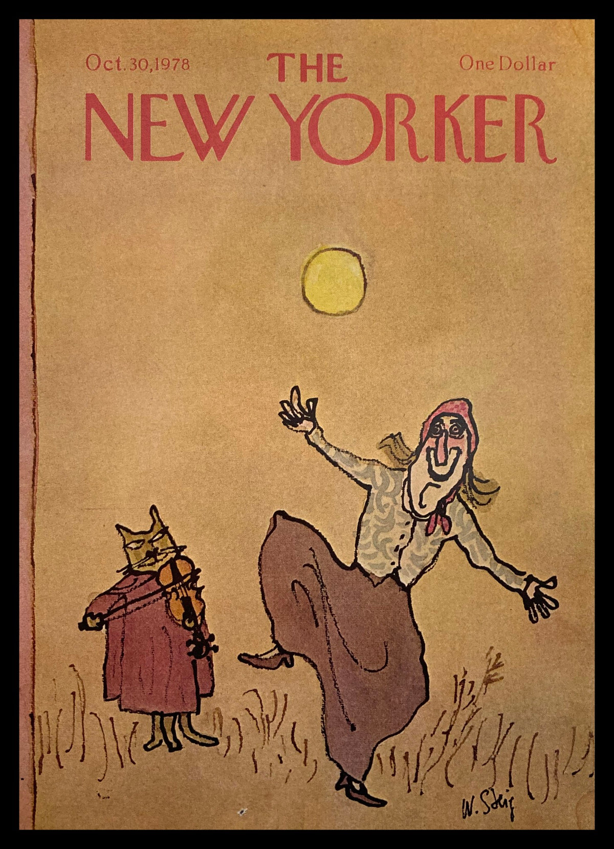 The New Yorker Cover - October 30 1978 - Dancing Lady by William Steig featuring an illustration of a dancing woman and a cat playing the violin against a sunset background.